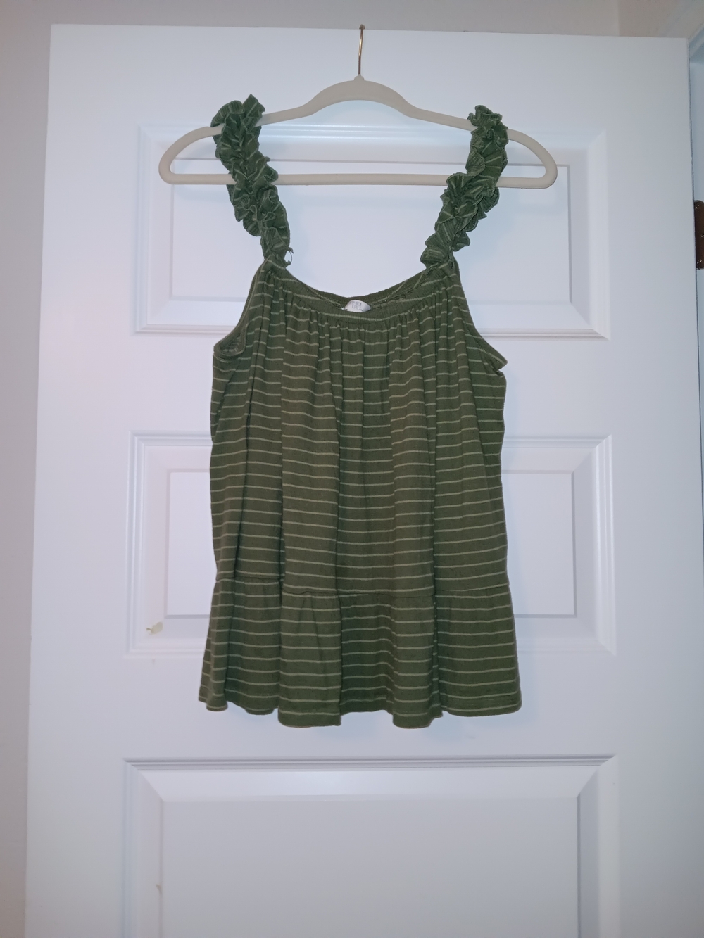 Time and Tru Olive Green Striped Ruffle Tank